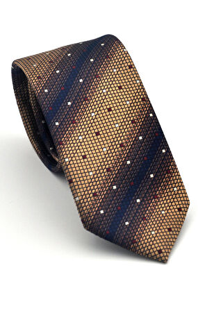 Kahverengi Verev Desenli Bej Dokuma Kumaş Mendilli Slim Fit Kravat // SDK-2505-5