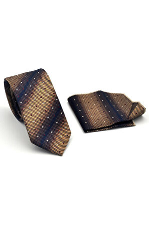 Kahverengi Verev Desenli Bej Dokuma Kumaş Mendilli Slim Fit Kravat // SDK-2505-5