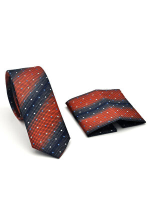 Lacivert Verev Desenli Koyu Turuncu Dokuma Kumaş Mendilli Slim Fit Kravat // SDK-2505-6