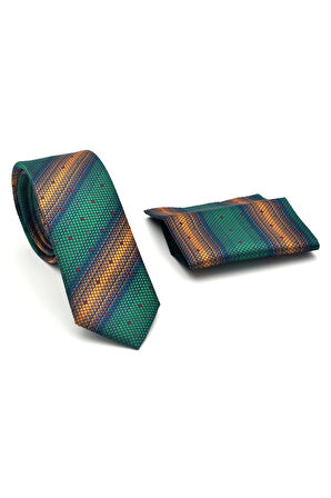 Bej Verev Desenli Zümrüt Yeşil Dokuma Kumaş Mendilli Slim Fit Kravat // SDK-2505-7