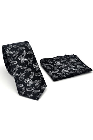 Gri Şal Desenli Siyah Dokuma Kumaş Mendilli Slim Fit Kravat // SDK-2507-1