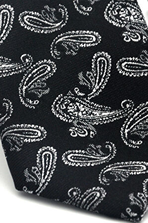 Gri Şal Desenli Siyah Dokuma Kumaş Mendilli Slim Fit Kravat // SDK-2507-1