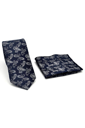 Gri Şal Desenli Lacivert Dokuma Kumaş Mendilli Slim Fit Kravat // SDK-2507-2