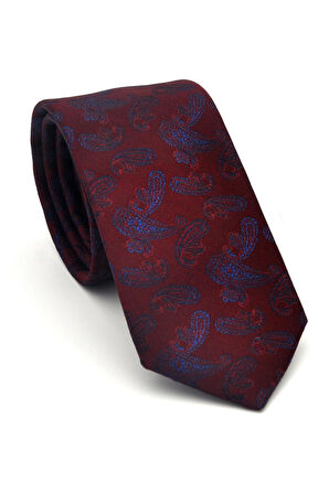 Lacivert Şal Desenli Bordo Dokuma Kumaş Mendilli Slim Fit Kravat // SDK-2507-3