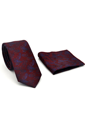 Lacivert Şal Desenli Bordo Dokuma Kumaş Mendilli Slim Fit Kravat // SDK-2507-3