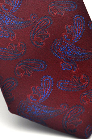 Lacivert Şal Desenli Bordo Dokuma Kumaş Mendilli Slim Fit Kravat // SDK-2507-3