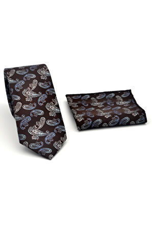 Mavi Şal Desenli Kahverengi Dokuma Kumaş Mendilli Slim Fit Kravat // SDK-2507-5