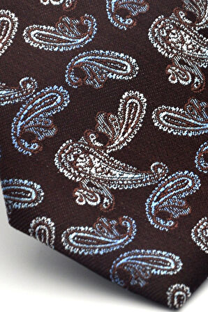Mavi Şal Desenli Kahverengi Dokuma Kumaş Mendilli Slim Fit Kravat // SDK-2507-5
