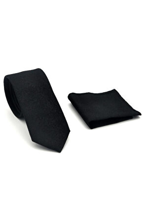 Şal Desenli Siyah Dokuma Kumaş Mendilli Slim Fit Kravat // SDK-2508-1