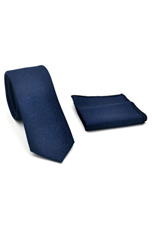 Şal Desenli Lacivert Dokuma Kumaş Mendilli Slim Fit Kravat // SDK-2508-2