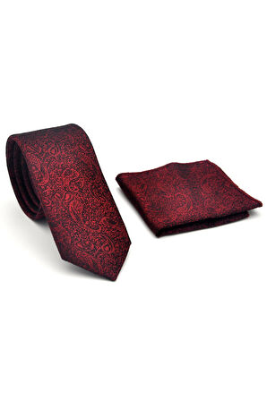 Şal Desenli Bordo Dokuma Kumaş Mendilli Slim Fit Kravat // SDK-2508-3