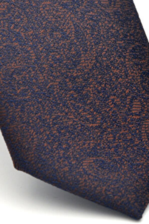 Şal Desenli Kahverengi Dokuma Kumaş Mendilli Slim Fit Kravat // SDK-2508-4