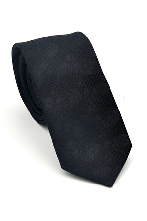 Şal Desenli Siyah Dokuma Kumaş Mendilli Slim Fit Kravat // SDK-2509-1