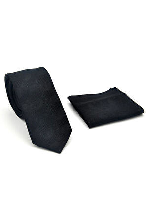 Şal Desenli Siyah Dokuma Kumaş Mendilli Slim Fit Kravat // SDK-2509-1