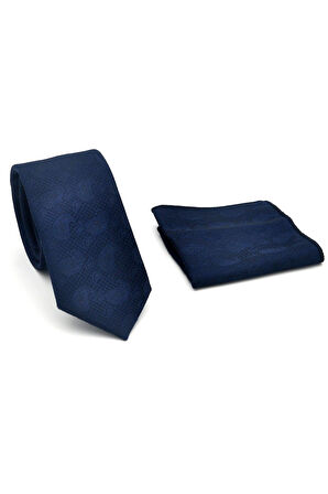 Şal Desenli Lacivert Dokuma Kumaş Mendilli Slim Fit Kravat // SDK-2509-1