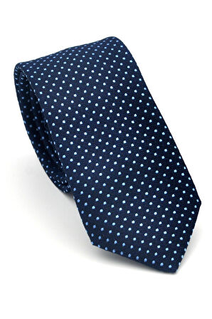 Mavi Nokta Desenli Lacivert Dokuma Kumaş Mendilli Slim Fit Kravat // SDK-2510-2