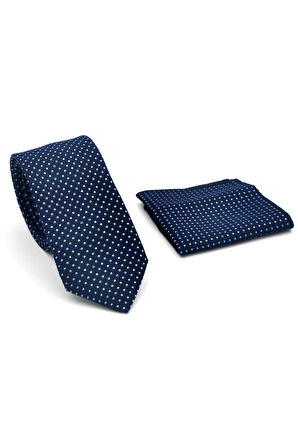 Mavi Nokta Desenli Lacivert Dokuma Kumaş Mendilli Slim Fit Kravat // SDK-2510-2