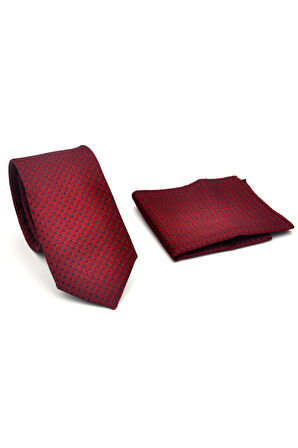 Lacivert Nokta Desenli Bordo Dokuma Kumaş Mendilli Slim Fit Kravat // SDK-2510-3
