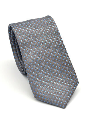 Mavi Nokta Desenli Gri Dokuma Kumaş Mendilli Slim Fit Kravat // SDK-2510-4