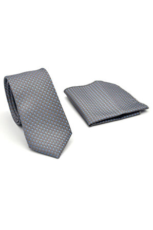 Mavi Nokta Desenli Gri Dokuma Kumaş Mendilli Slim Fit Kravat // SDK-2510-4