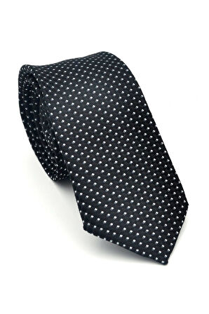 Beyaz Küçük Kare Desenli Siyah Dokuma Kumaş Mendilli Slim Fit Kravat // SDK-2511-1