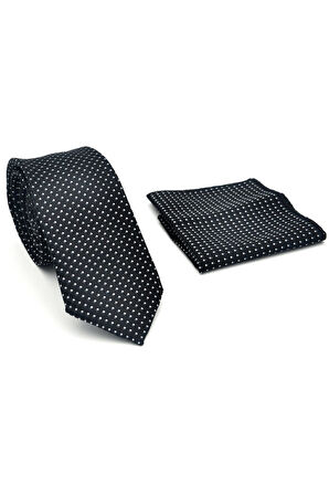 Beyaz Küçük Kare Desenli Siyah Dokuma Kumaş Mendilli Slim Fit Kravat // SDK-2511-1