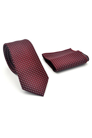 Beyaz Küçük Kare Desenli Bordo Dokuma Kumaş Mendilli Slim Fit Kravat // SDK-2511-3