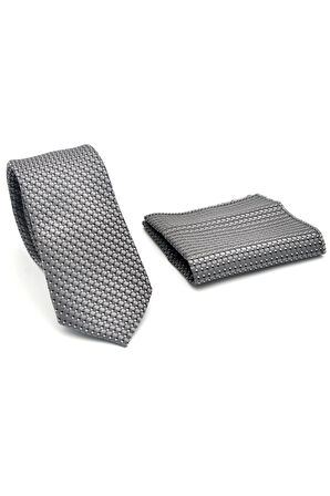 Beyaz Küçük Kare Desenli Gri Dokuma Kumaş Mendilli Slim Fit Kravat // SDK-2511-4