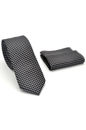 Beyaz Küçük Kare Desenli Füme Dokuma Kumaş Mendilli Slim Fit Kravat // SDK-2511-6