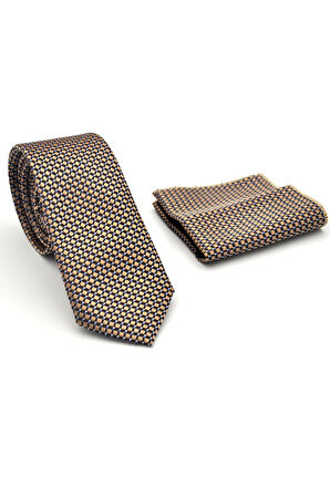 Beyaz Küçük Kare Desenli Bej Dokuma Kumaş Mendilli Slim Fit Kravat // SDK-2511-7