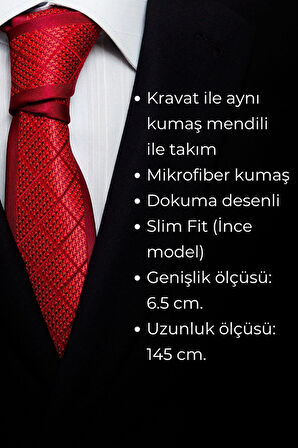 Beyaz Küçük Kare Desenli Bej Dokuma Kumaş Mendilli Slim Fit Kravat // SDK-2511-7