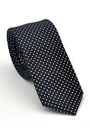 Beyaz Nokta Desenli Siyah Dokuma Kumaş Mendilli Slim Fit Kravat // SDK-2510-1