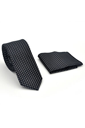 Beyaz Nokta Desenli Siyah Dokuma Kumaş Mendilli Slim Fit Kravat // SDK-2510-1