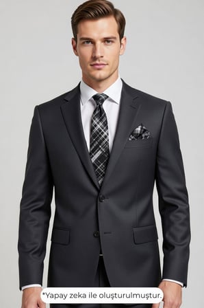 Beyaz Desenli Siyah Dokuma Kumaş Mendilli Slim Fit Kravat // SDK-2601-1