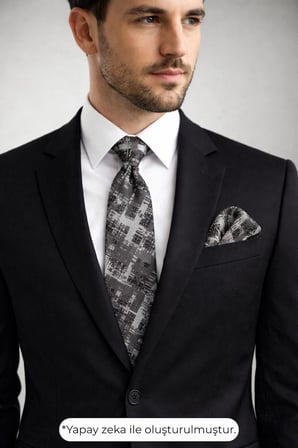 Füme Desenli Gri Dokuma Kumaş Mendilli Slim Fit Kravat // SDK-2601-3