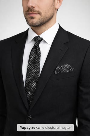 Beyaz Desenli Siyah Dokuma Kumaş Mendilli Slim Fit Kravat // SDK-2602-1