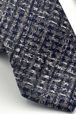 Gri Desenli Lacivert Dokuma Kumaş Mendilli Slim Fit Kravat // SDK-2602-2
