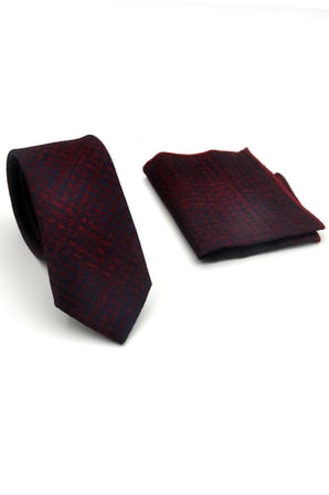 Lacivert Desenli Bordo Dokuma Kumaş Mendilli Slim Fit Kravat // SDK-2602-3