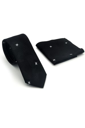 Siyah Şal Desenli Dokuma Kumaş Mendilli Slim Fit Kravat // SDK-2604-1