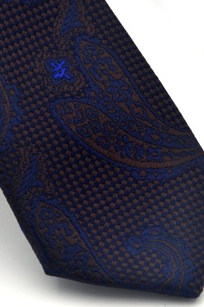 Lacivert Kahverengi Şal Desenli Dokuma Kumaş Mendilli Slim Fit Kravat // SDK-2604-2
