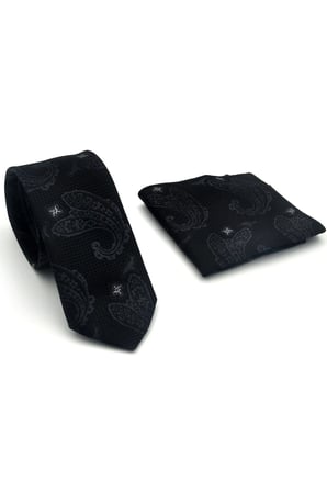 Gri Şal Desenli Siyah Dokuma Kumaş Mendilli Slim Fit Kravat // SDK-2604-3