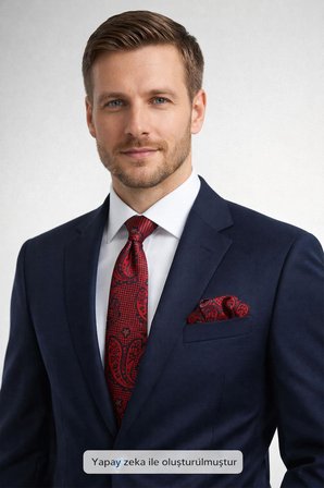 Kırmızı Lacivert Şal Desenli Dokuma Kumaş Mendilli Slim Fit Kravat // SDK-2604-5