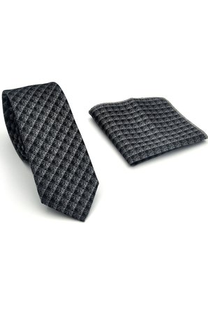 Füme Küp Desenli Gri Dokuma Kumaş Mendilli Slim Fit Kravat // SDK-2605-3