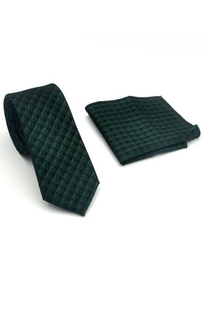 Siyah Küp Desenli Yeşil Dokuma Kumaş Mendilli Slim Fit Kravat // SDK-2605-8