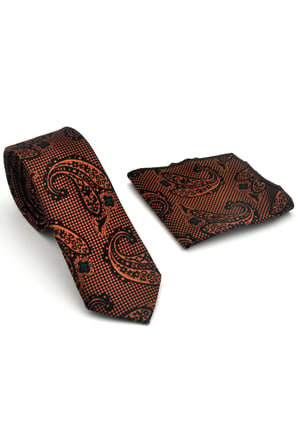 Açık Kahverengi Şal Desenli Siyah Dokuma Kumaş Mendilli Slim Fit Kravat // SDK-2606-1