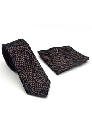Kahverengi Şal Desenli Lacivert Dokuma Kumaş Mendilli Slim Fit Kravat // SDK-2606-2