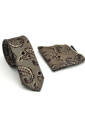 Bej Şal Desenli Kahverengi Dokuma Kumaş Mendilli Slim Fit Kravat // SDK-2606-4