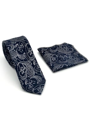 Gri Şal Desenli Lacivert Dokuma Kumaş Mendilli Slim Fit Kravat // SDK-2607-2