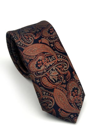 Kahverengi Şal Desenli Lacivert Dokuma Kumaş Mendilli Slim Fit Kravat // SDK-2607-5