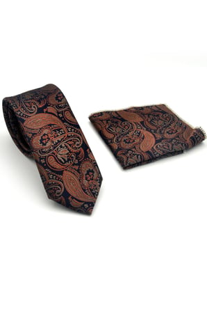 Kahverengi Şal Desenli Lacivert Dokuma Kumaş Mendilli Slim Fit Kravat // SDK-2607-5